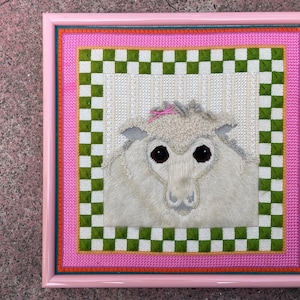 70s 80s HANDMADE VINTAGE cross-stitch needlepoint wall art framed hanging lamb sheep beige pink checkered rainbow square baby nursery Easter