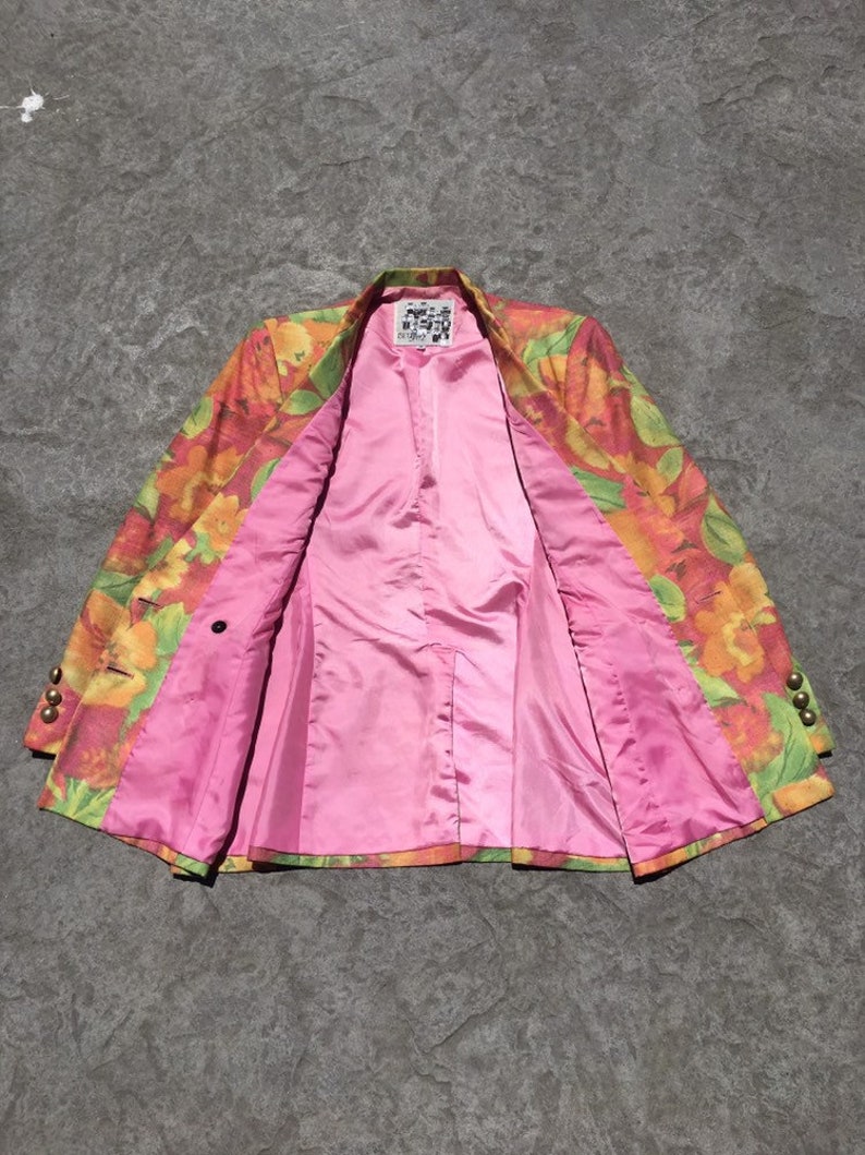 1990/'s VINTAGE Bettina Spitz designer blazer pastel pink tangerine lime green floral print tailored linen jacket pockets small medium S M 38