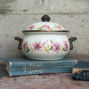 May include: White enamel pot with a lid, adorned with pink lily floral patterns and yellow accents. The pot has dark brown handles and a matching knob on the lid. It is sitting on a stack of blue books.