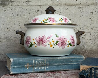 80s VINTAGE NORMADY Taiwan enameled pot + lid lidded beige pink Asian lily brass handles casserole dish Dutch oven cooking cookware 2 qt