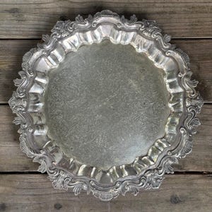 VINTAGE B Rogers Silver Co 2135 silver on copper footed tray serving platter silver plated all metal round etched ornate acanthus patina