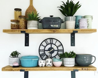 Stunning PAIR of rustic wooden shelves with brackets | Kitchen Shelving | Reclaimed Scaffold Boards [QD]