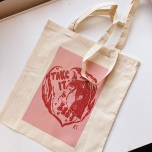 100% cotton hand printed tote bag / take it easy pink devil girl feminist illustration / 38cm x 42 cm / e girl aesthetic