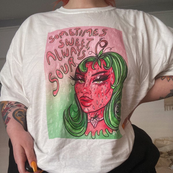 Sometimes sweet, always sour strawberry babe / white soft tshirt  / Plus size / s m l xl 2XL 3XL / UK 6 - 26 / trippy indie grunge e girl