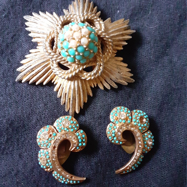 1950s gold, turquoise and seed pearl brooch and earrings