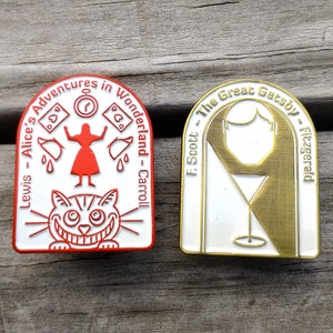 Classic Book Enamel Pin Set | Alice in Wonderland Lapel pin | Alices Adventures in Wonderland hat pin | The Great Gatsby Enamel Pin