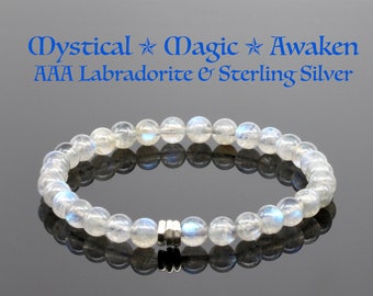 AAA+ Labradorite Bracelet, Magical Third Eye Chakra with Handmade Hill Tribe Silver Beads, Perfect for Men or Women by Saging Karma® Jewelry