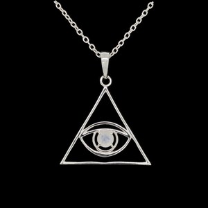 Eye of Providence with Moonstone Eye, Sterling Silver, All Seeing Eye Protection, Gift for Him or Her, With Chain, Saging Karma Jewelry