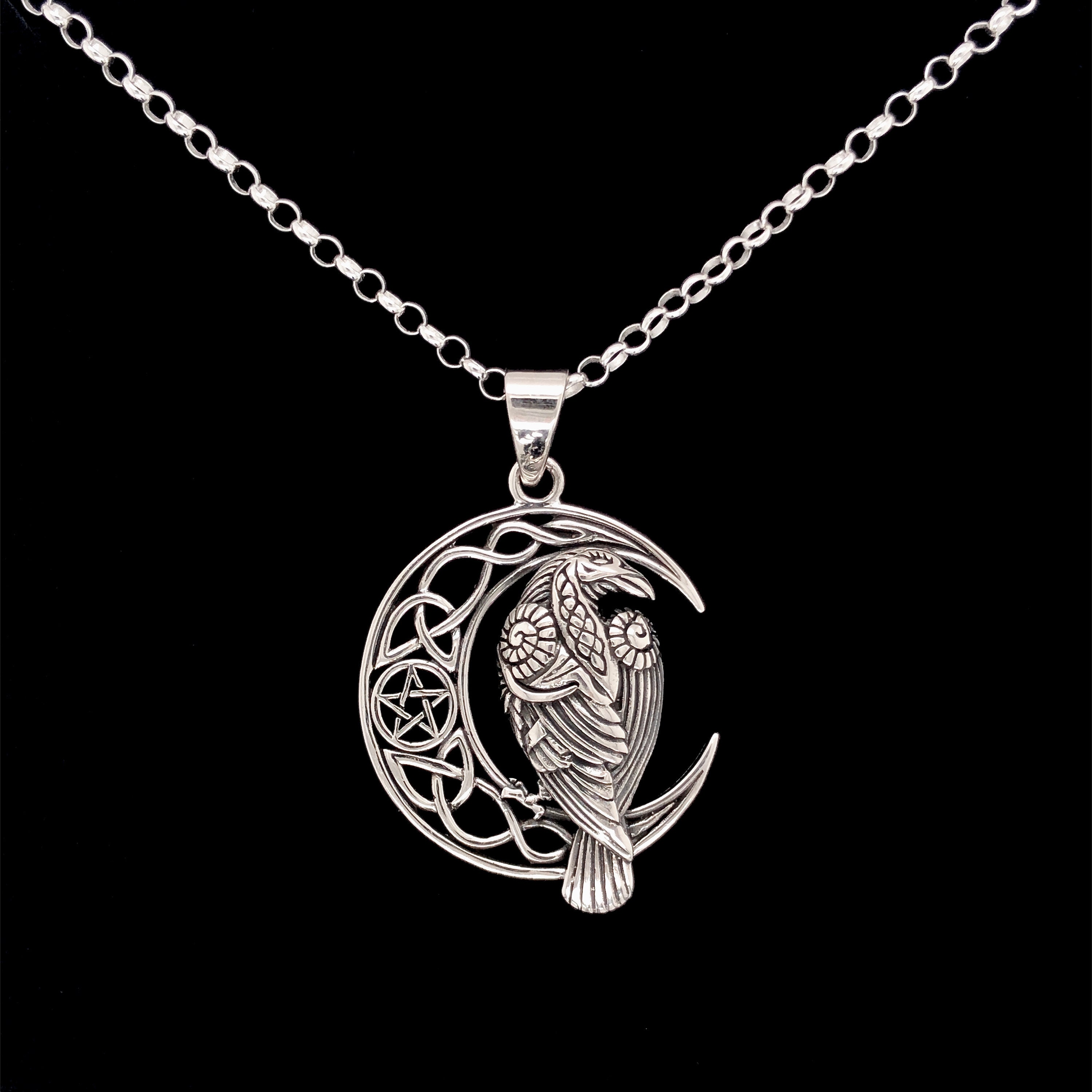 Runic Raven Crescent Moon Czech Glass 925 Silver