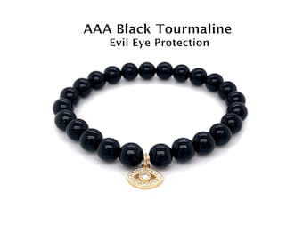 AAA Black Tourmaline & Evil Eye Bracelet | Positive Energy Bracelet | Protection, Grace + Calm