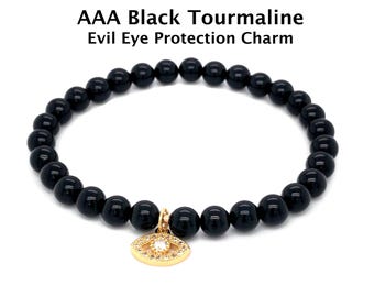 AAA Black Tourmaline & Evil Eye Bracelet | Protection + Grounding Energy Bracelet | Balance, Stability + Grace