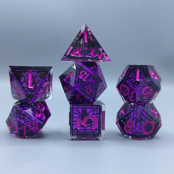 Neon Noir Cathedral Resin Dice Set, Dark Purple Gothic Stained Glass DND Dice, Handmade Geometric Polyhedral RPG Dice, TTRPG Dice