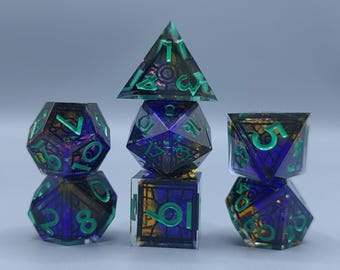 Juego de dados de resina Sunset Cathedral, dados D&D con vidrieras, dados MTG poliédricos geométricos góticos, dados para juegos de rol de mesa, regalos para D&D
