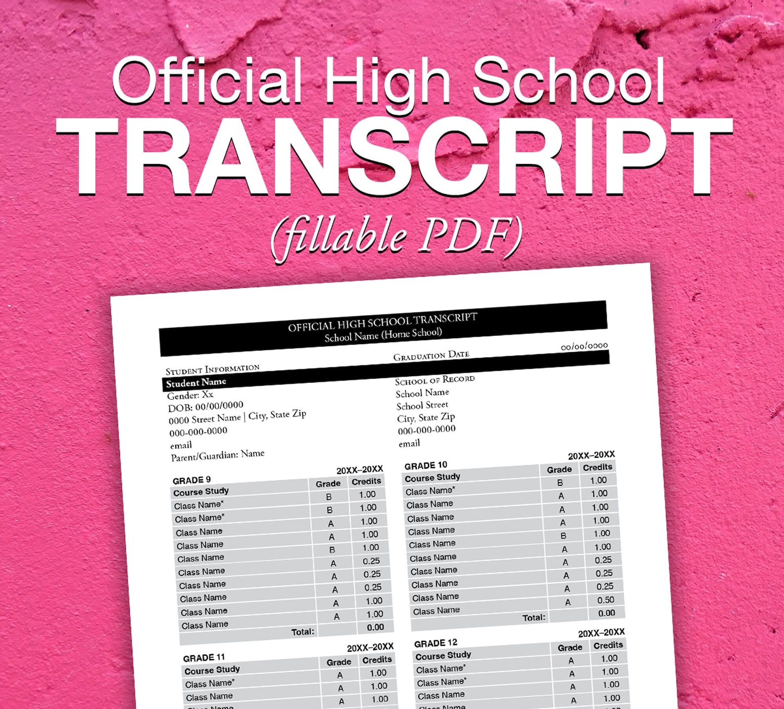 Official High School Transcript-editable PDF - Etsy