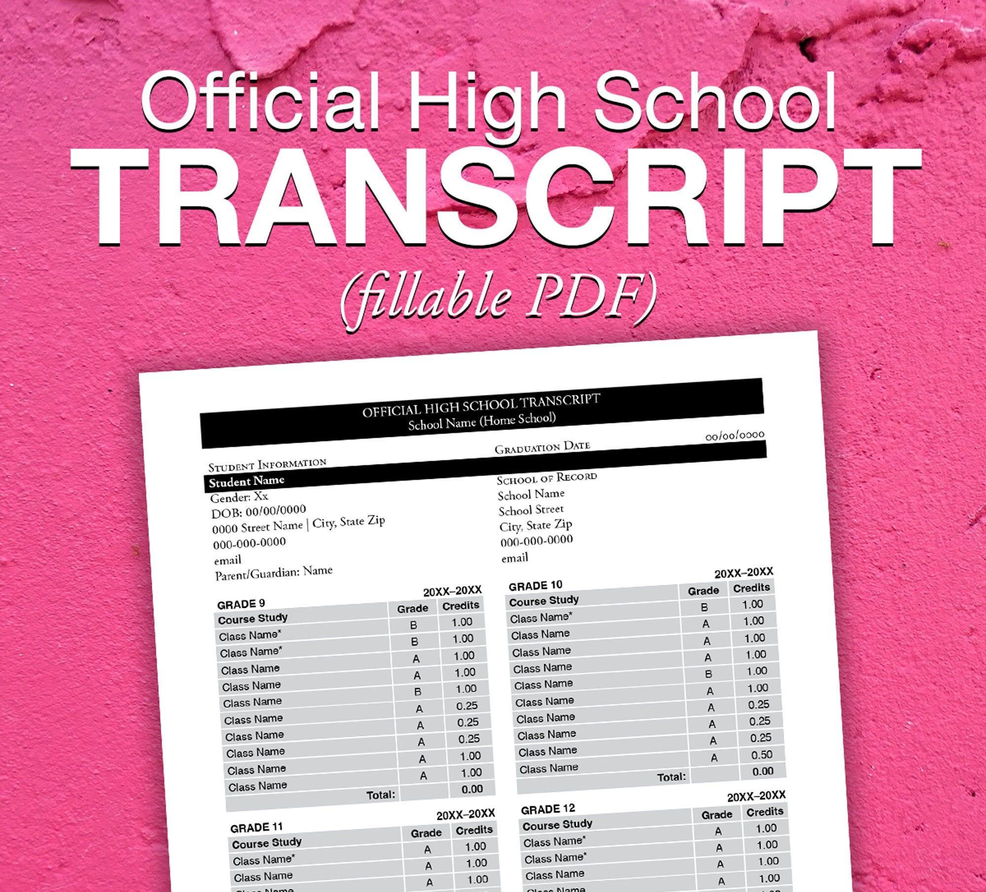 Official High School Transcript-editable PDF - Etsy