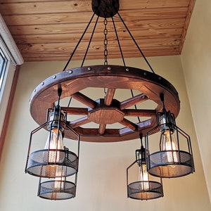 Wagon Wheel Chandelier: Rustic Industrial Ceiling Light, 4-Light No US CUSTOMS FEES