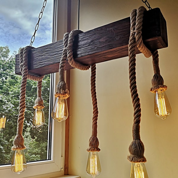 Rope Pendant Light - Rope Light Beam - Wood Ceiling Chandelier - Hanging Lighting Rustic Edison Bulb Handmade Beam Chandelier Rosewood