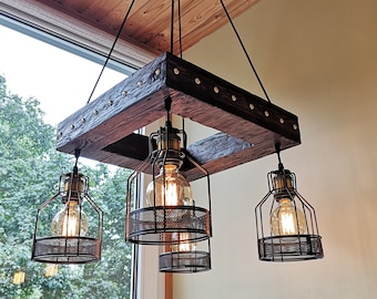 Rustic Chandelier - Industrial Modern Lighting - Commercial Lighting - Bar Restaurant Chandelier - Faux Reclaimed Wood Beam Rustic LED Light