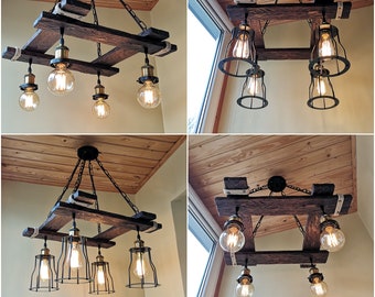 Rustic Light Fixture - Hanging Light - Rustic Lighting - Industrial Pendant Light - Wood Chandelier - Rustic Light - Farmhouse Light -Dining