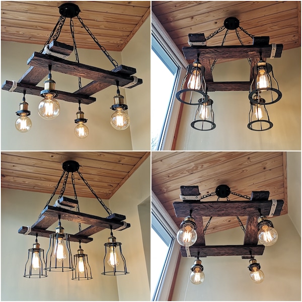 Luminaire rustique - suspension - éclairage rustique - suspension industrielle - lustre en bois - lumière rustique - lumière de ferme - salle à manger