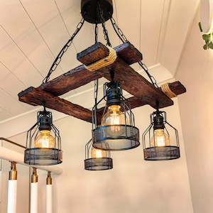 Rustic Wooden Pendant Light – Farmhouse Beam Chandelier for Kitchen Island, Dining Room or Living Room