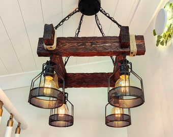 Rustic Pendant Light - Unique Wood Chandelier - Wood Beam Chandelier - Industrial Farmhouse Décor - Universal Ceiling Lamp