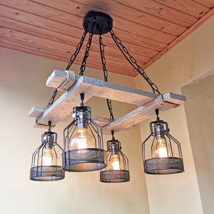 Rustic Wood Chandelier: Industrial Cage Pendant Light, Farmhouse Lighting