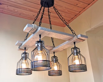 Rustic Light Fixture - Hanging Light - Rustic Lighting - Industrial Pendant Light - Silver Wood - Rustic Light - Farmhouse Light -Dining