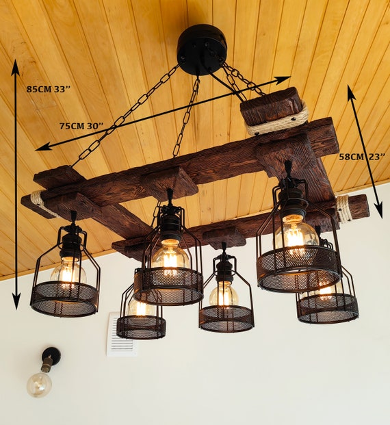 Rustic 6-Light Geometric Chandelier – Wood Grain Metal Frame, Adjustable Height, E12 Base, Ideal For Dining Room, Kitchen Island, Entryway, Black