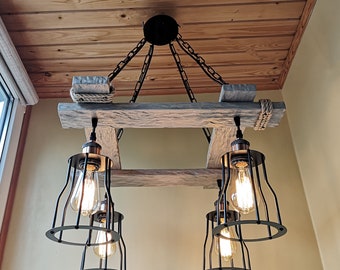 Handmade Wood Chandelier: Rustic Industrial Pendant Light No US CUSTOMS FEES