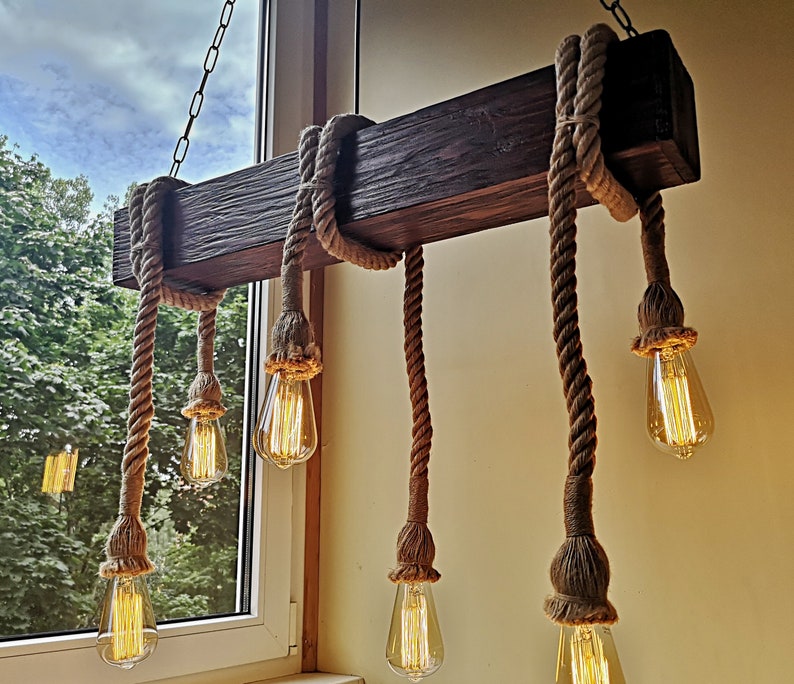 Rope Pendant Light Beam Wood Ceiling Chandelier Image 0
