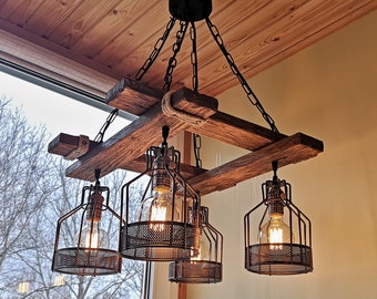 Rustic Light Fixture - Hanging Light - Rustic Lighting - Industrial Pendant Light - Wood Chandelier - Rustic Light - Farmhouse Light -Dining