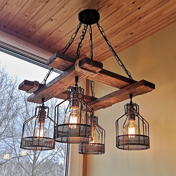 Rustic Light Fixture - Hanging Light - Rustic Lighting - Industrial Pendant Light - Wood Chandelier - Rustic Light - Farmhouse Light -Dining