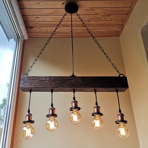 Handmade Beam Chandelier Wood Beam Chandelier Wooden Chandelier Rustic Lighting Farmhouse Pendant Hanging Lamp Indoor Lighting Ceiling image 2