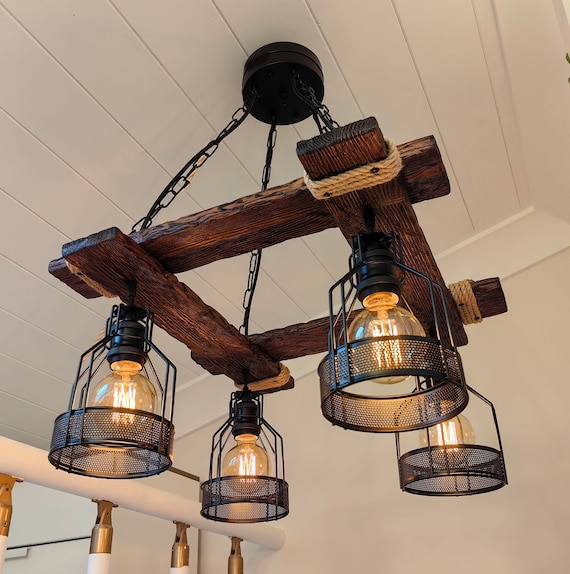 Rustic Light Fixture: Hanging, Industrial Pendant, Wood Chandelier, Farmhouse Dining Lighting