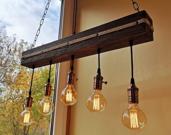 Rustic Wood Beam Chandelier: Rose Gold Sockets, Edison Style No US CUSTOMS FEES