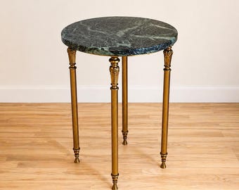 Vintage French Marble Side Table – Green Stone Top, Brass Legs, Elegant Round Accent Table, Hollywood Regency / Baroque Style