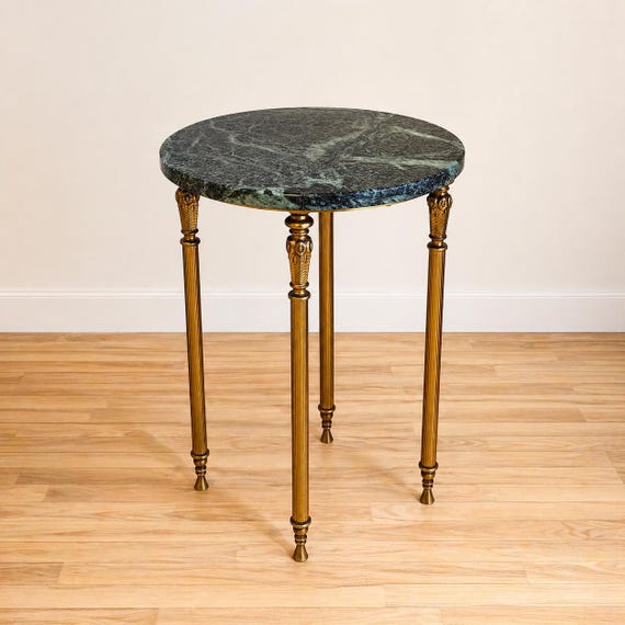 Vintage French Marble Side Table – Green Stone Top, Brass Legs, Elegant Round Accent Table, Hollywood Regency / Baroque Style