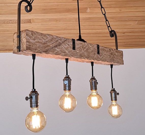 Rustic Wood Chandelier | Farmhouse Oak Lighting Fixture | Handcrafted Wooden Beam Pendant