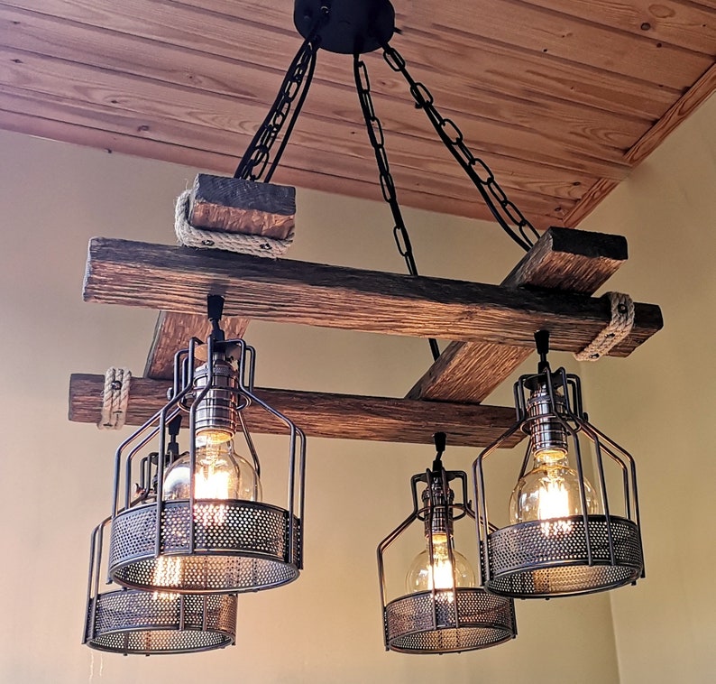 Rustic Light Fixture - Hanging Light - Rustic Lighting - Industrial Pendant Light - Wood Chandelier - Rustic Light - No US CUSTOMS FEES image 9
