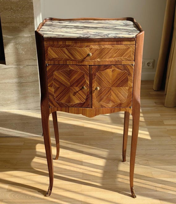 Restored Louis XV Nightstands with Marble Top - Vintage French Bedside Table (One Available)