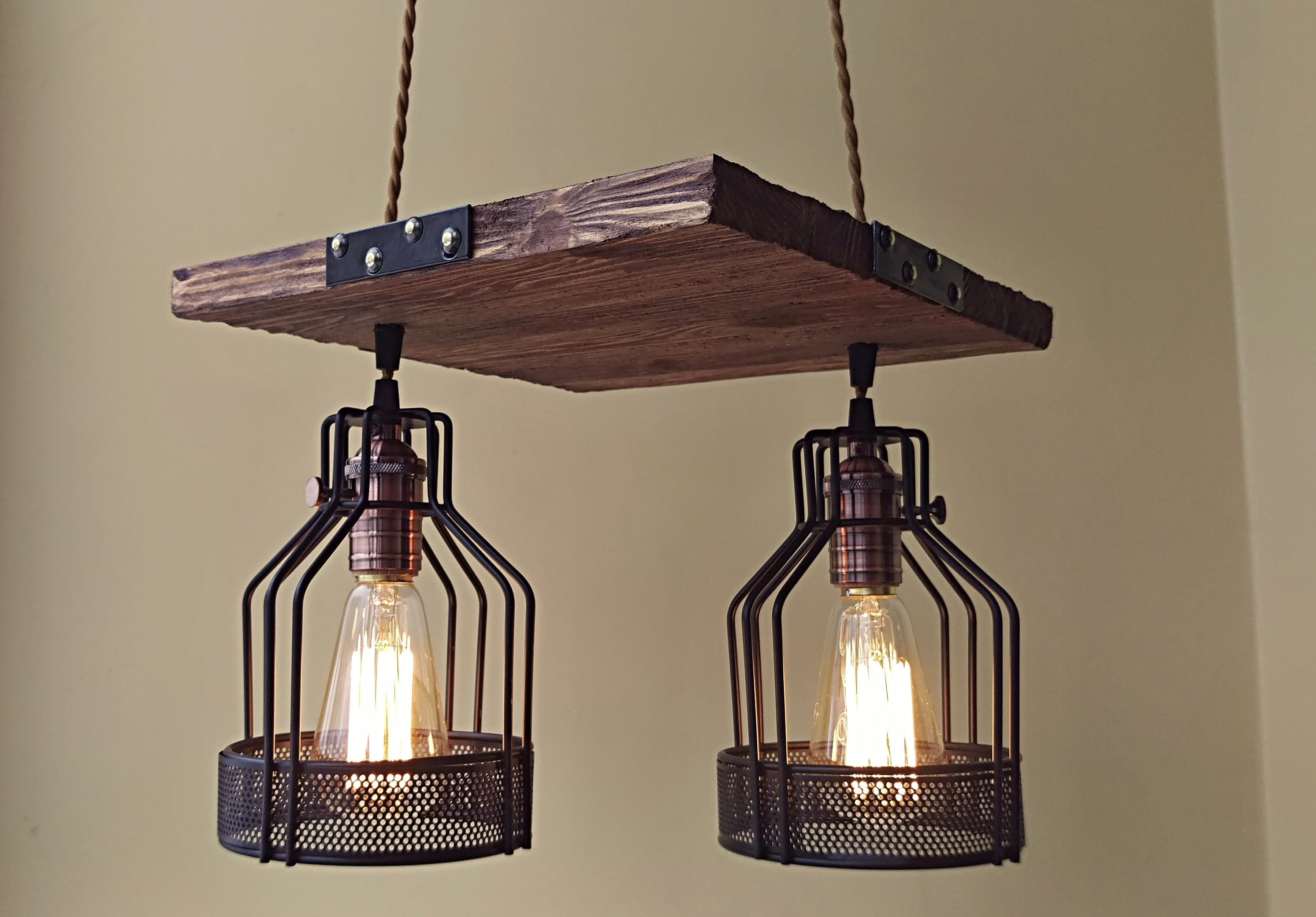 Dark Wood Ceiling Light Fixture With Metal Lamp Shades
