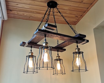 Handmade Rustic Wood Beam Chandelier, Farmhouse Cage Pendant Light