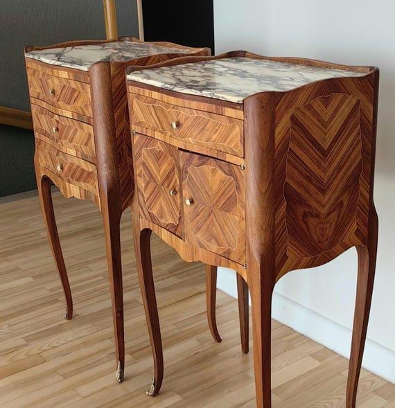 Restored Louis XV Nightstands with Marble Top – Pair of Vintage French Bedside Tables, Walnut Wood, Antique Style Cabinets