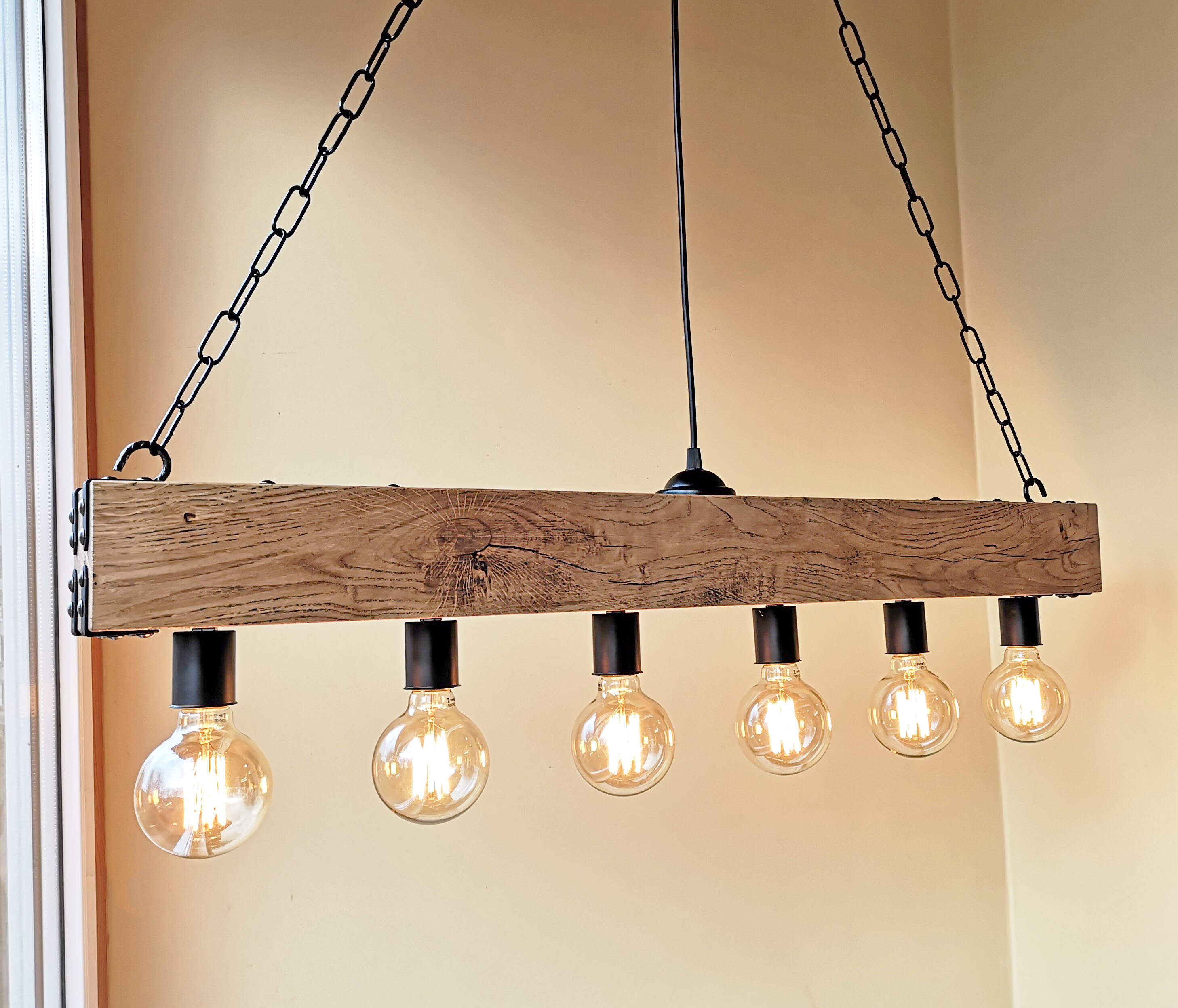 Handmade reclamed wood beam chandelier