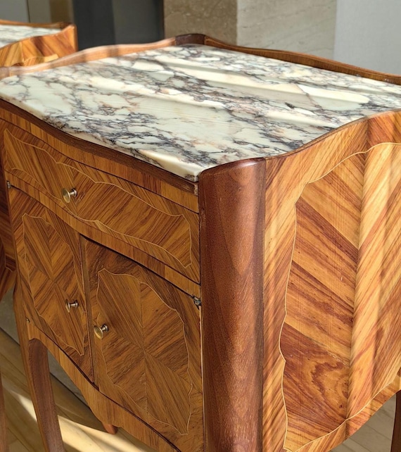 Restored Louis XV Nightstands with Marble Top - Vintage French Bedside Table (One Available)
