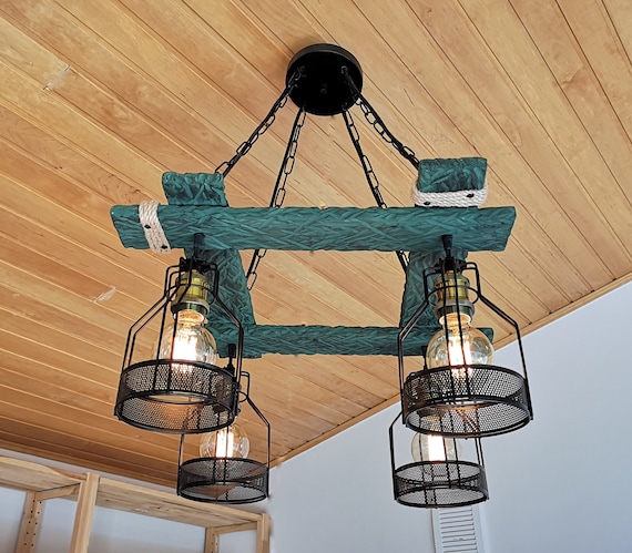 Green Wood Chandelier: Rustic Farmhouse Light Fixture No US CUSTOMS FEES