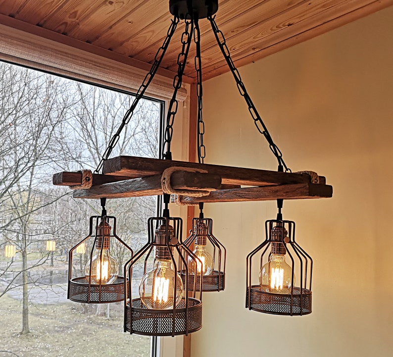 Rustic Light Fixture - Hanging Light - Rustic Lighting - Industrial Pendant Light - Wood Chandelier - Rustic Light - No US CUSTOMS FEES image 10