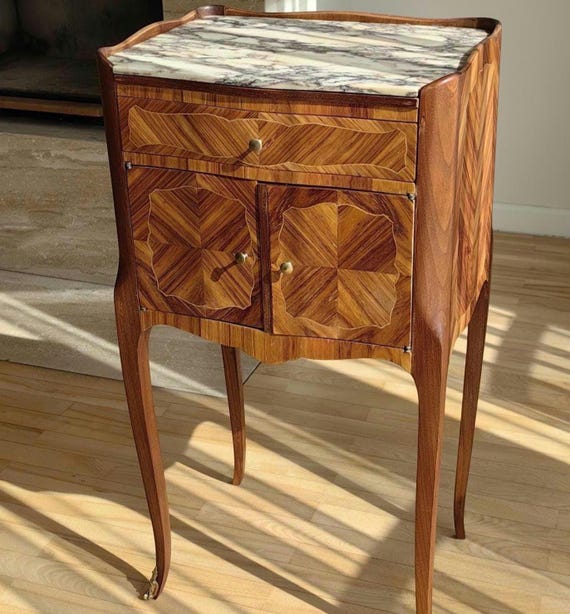 Restored French Louis XV Walnut Nightstand – Marble Top Antique Bedside Cabinet