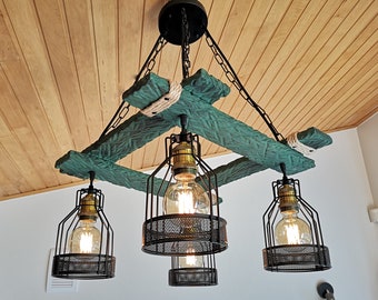 Rustic Light Fixture - Green Light - Rustic Lighting - Green Wood Light - Wood Chandelier - Rustic Light - Farmhouse Light -Dining